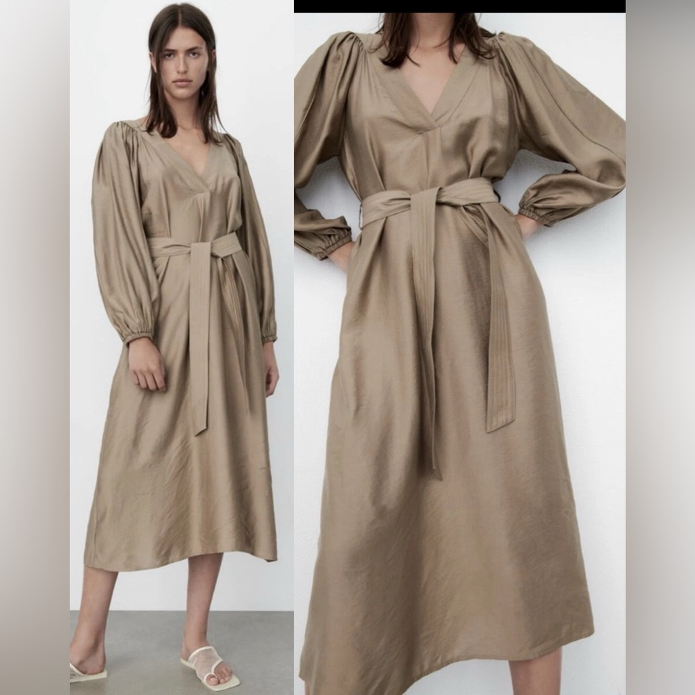Zara‎ Belted Midi V-neck Puff Sleeve Party Holiday Modern Minimalist Dress.XS